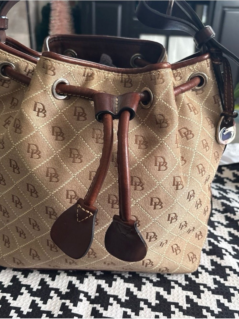Dooney & Bourke Tan Logo Drawstring Bucket Tote